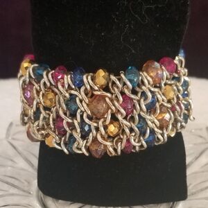 Wide Vintage Boho Gold Tone Woven Multicolor Bracelet With Faceted Crystals.